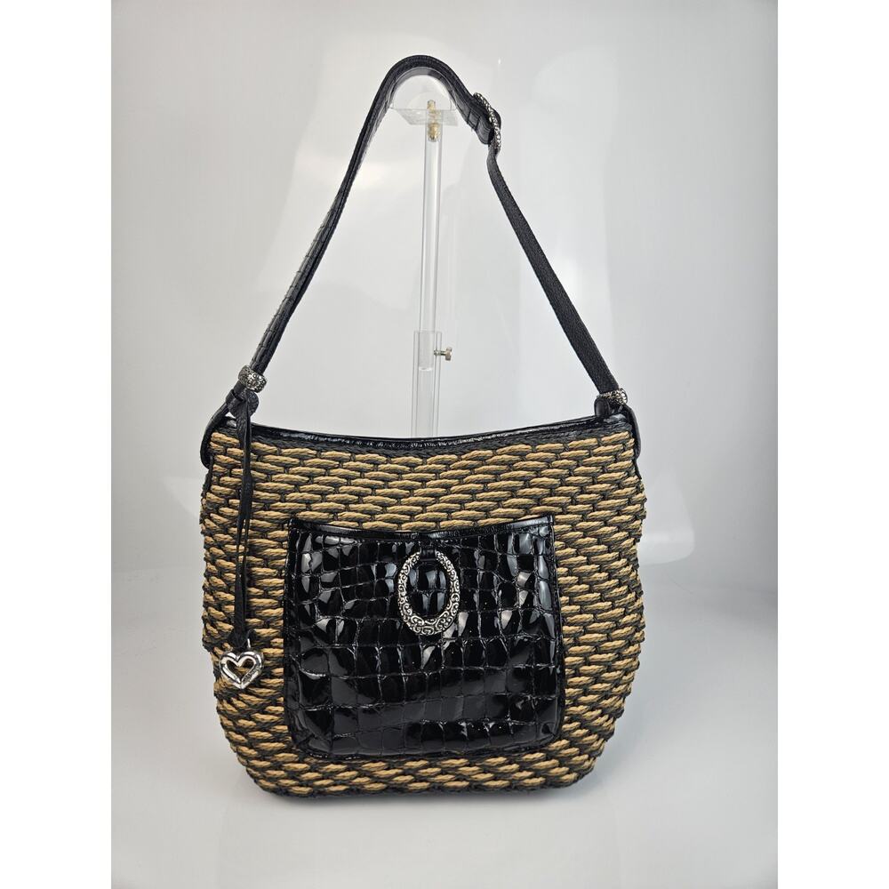 Vtg Brighton Woven Wicker Straw Patent Croc Leather Shoulder Bag Black Brown Tan